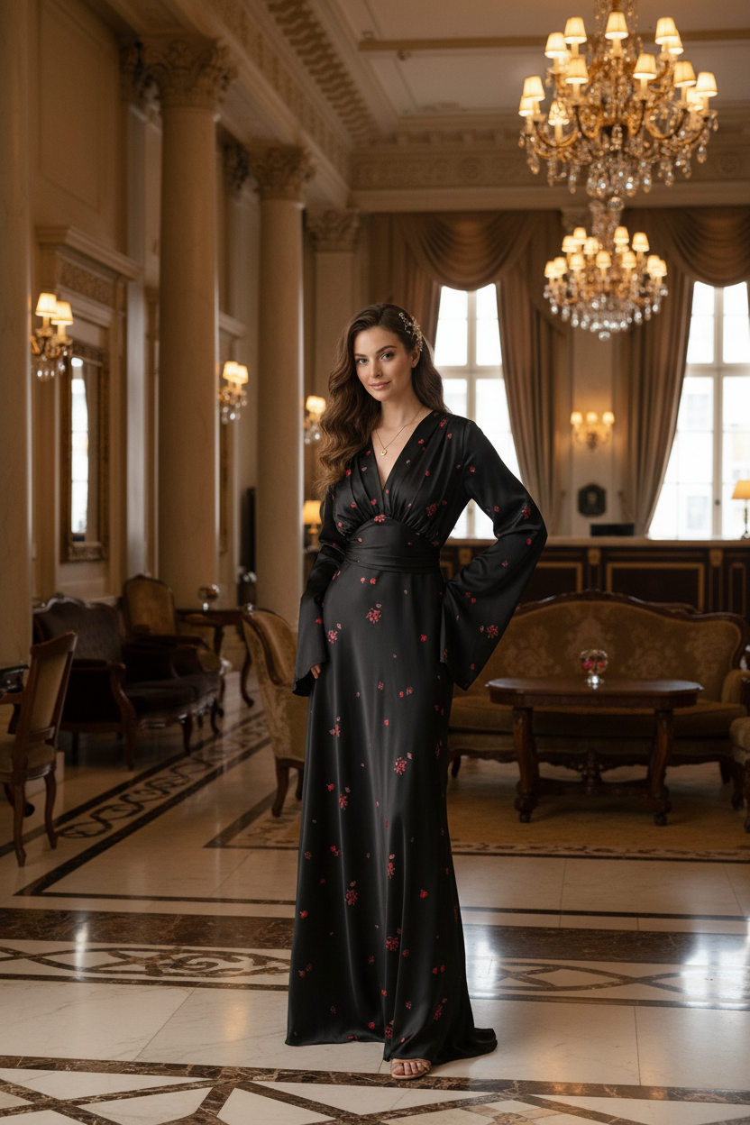 A woman stands in a grand, elegant ballroom wearing a floor-length black satin gown decorated with small red floral motifs. The room features ornate chandeliers, high windows with drapes, and classic furniture.