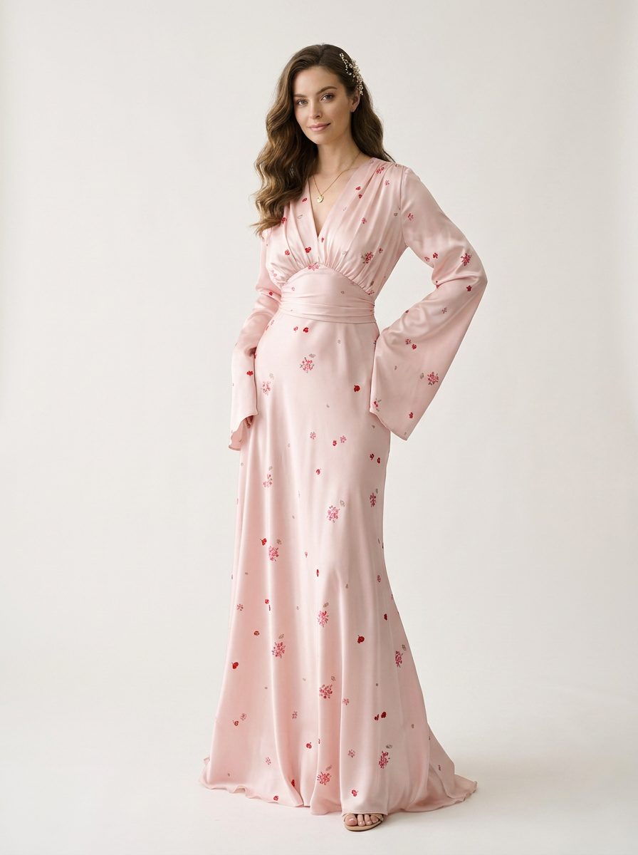 A woman modeling a long-sleeve, floor-length light pink gown with a subtle red floral pattern, photographed against a plain light gray studio background.