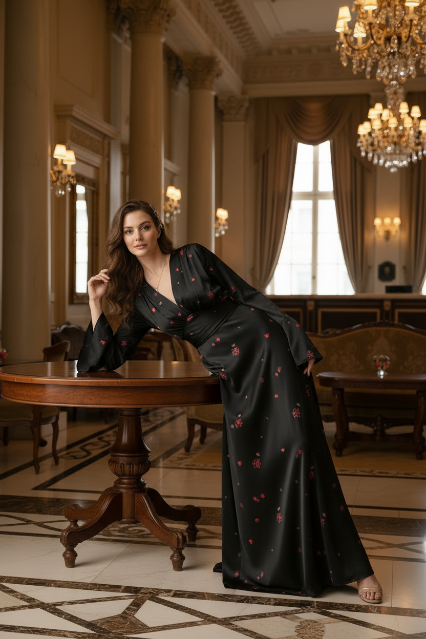 A woman stands in a grand, elegant ballroom wearing a floor-length black satin gown decorated with small red floral motifs. The room features ornate chandeliers, high windows with drapes, and classic furniture.