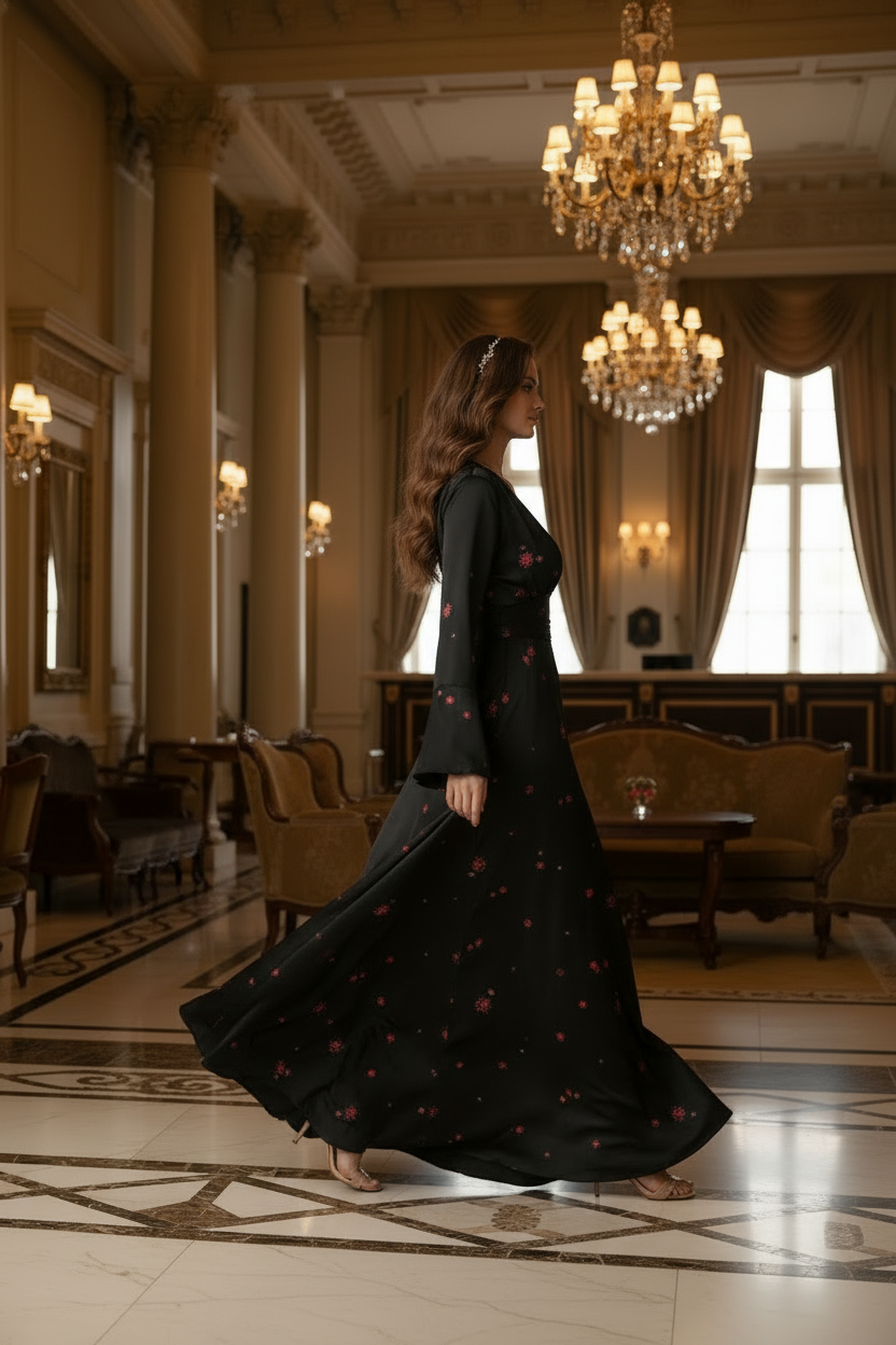 A woman in a black satin wrap dress with red floral embroidery leans over a round wooden table in an elegant, classical ballroom with chandeliers and columns.