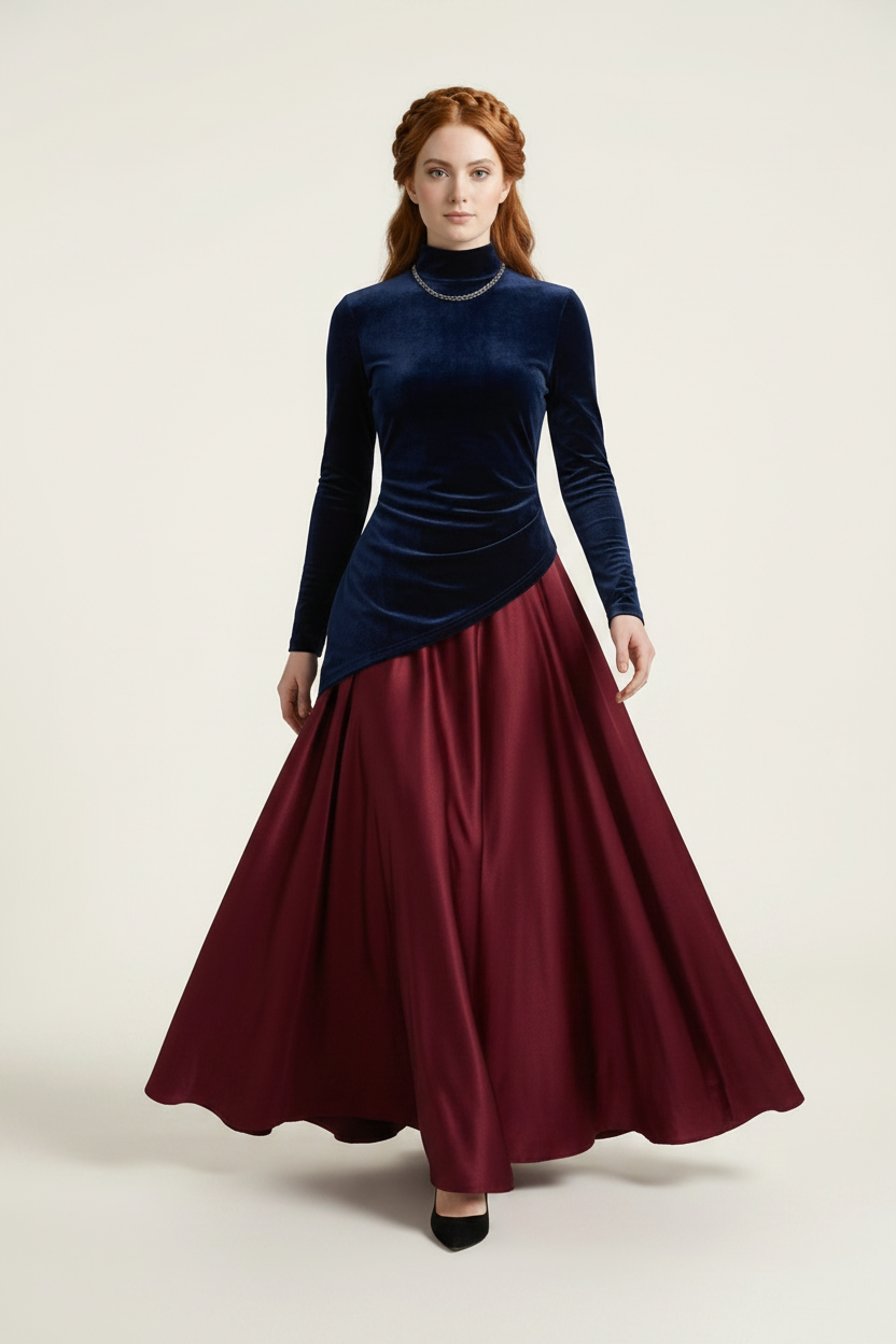 A woman modeling a long-sleeve dress with a navy blue velvet mock neck top and a full burgundy satin skirt, photographed against a plain light beige studio background.