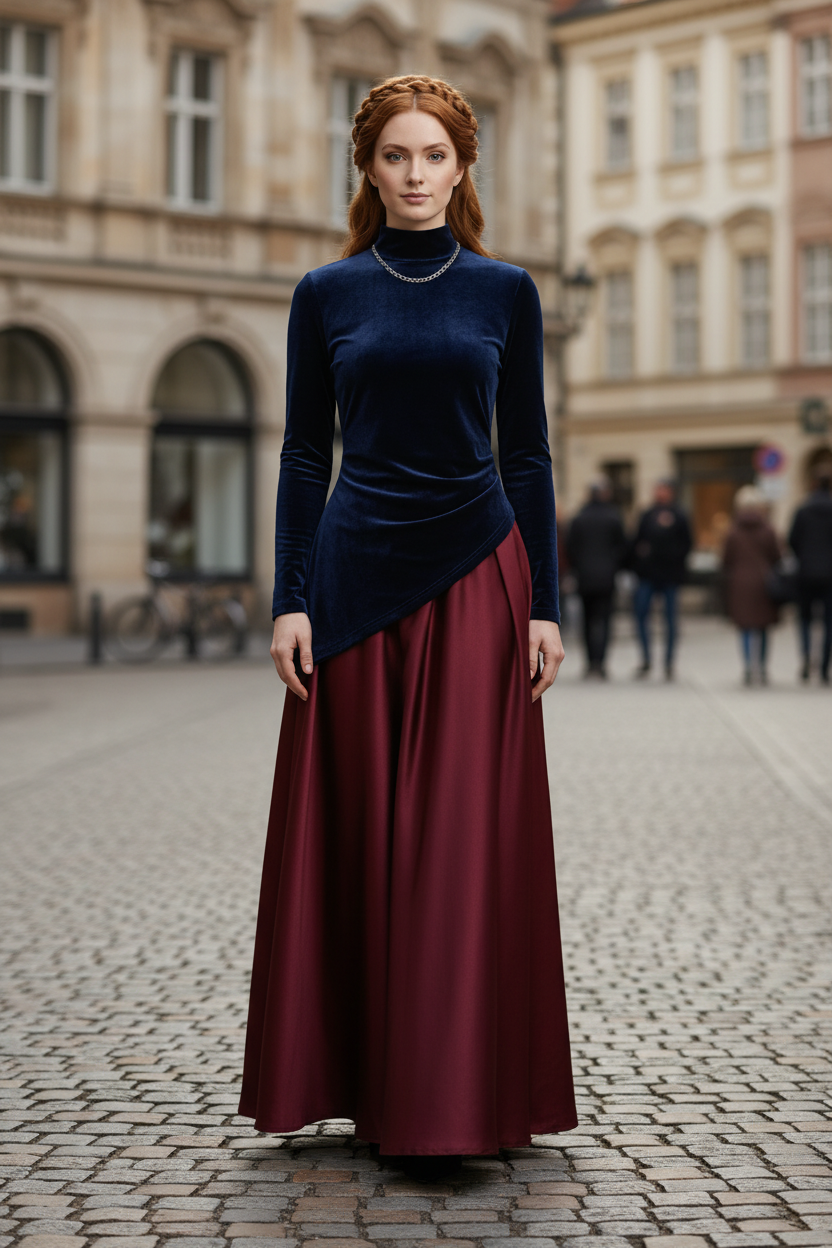 A woman stands on a cobblestone street wearing a long-sleeve navy velvet top and a long burgundy satin skirt, with a matching braided headpiece. The background shows blurred historic buildings and a few distant pedestrians.