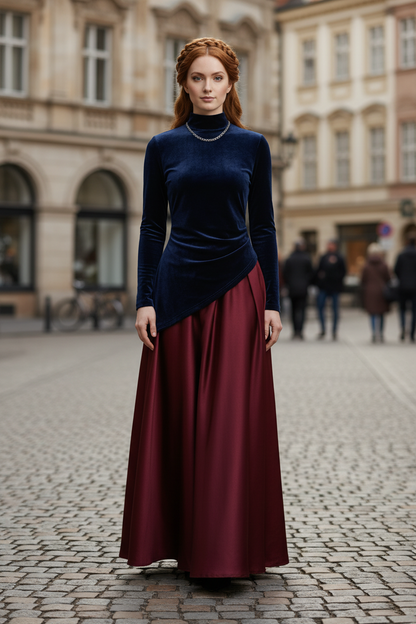 A woman stands on a cobblestone street wearing a long-sleeve navy velvet top and a long burgundy satin skirt, with a matching braided headpiece. The background shows blurred historic buildings and a few distant pedestrians.