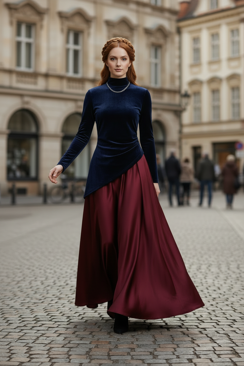 A woman stands on a cobblestone street wearing a long-sleeve navy velvet top and a flowing dark red satin skirt, with blurred historic buildings in the background.