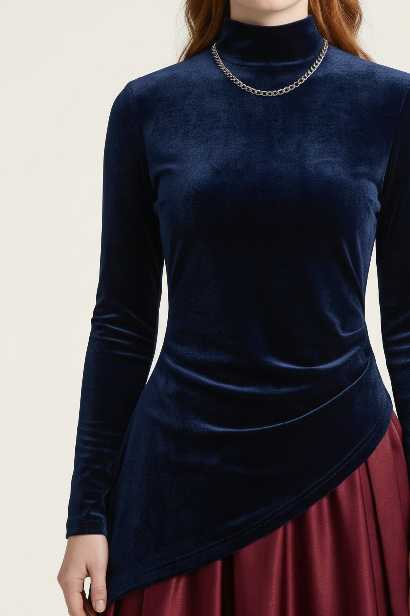 A close-up of a model wearing a navy blue velvet mock neck long-sleeve top with an asymmetrical draped hem, paired with a burgundy skirt and a silver chain necklace.