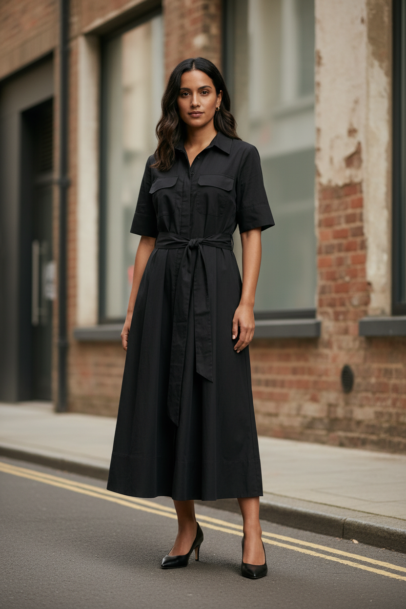 A woman stands on a city street wearing a black midi shirt dress with short sleeves, a collar, chest flap pockets, and a self-tie waist belt. She is also wearing black pointed-toe heels.