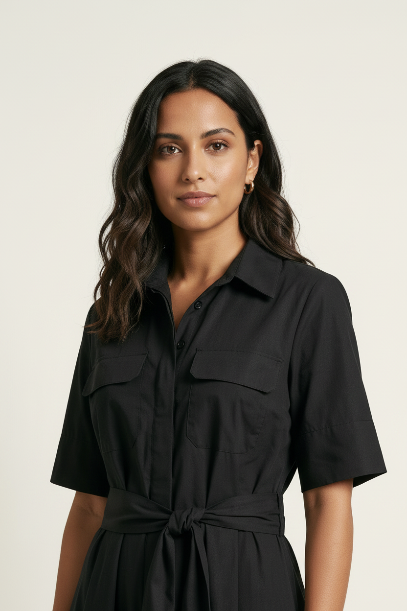 A woman modeling a black short-sleeve midi shirt dress with a tie waist belt, standing against a plain off-white studio background.