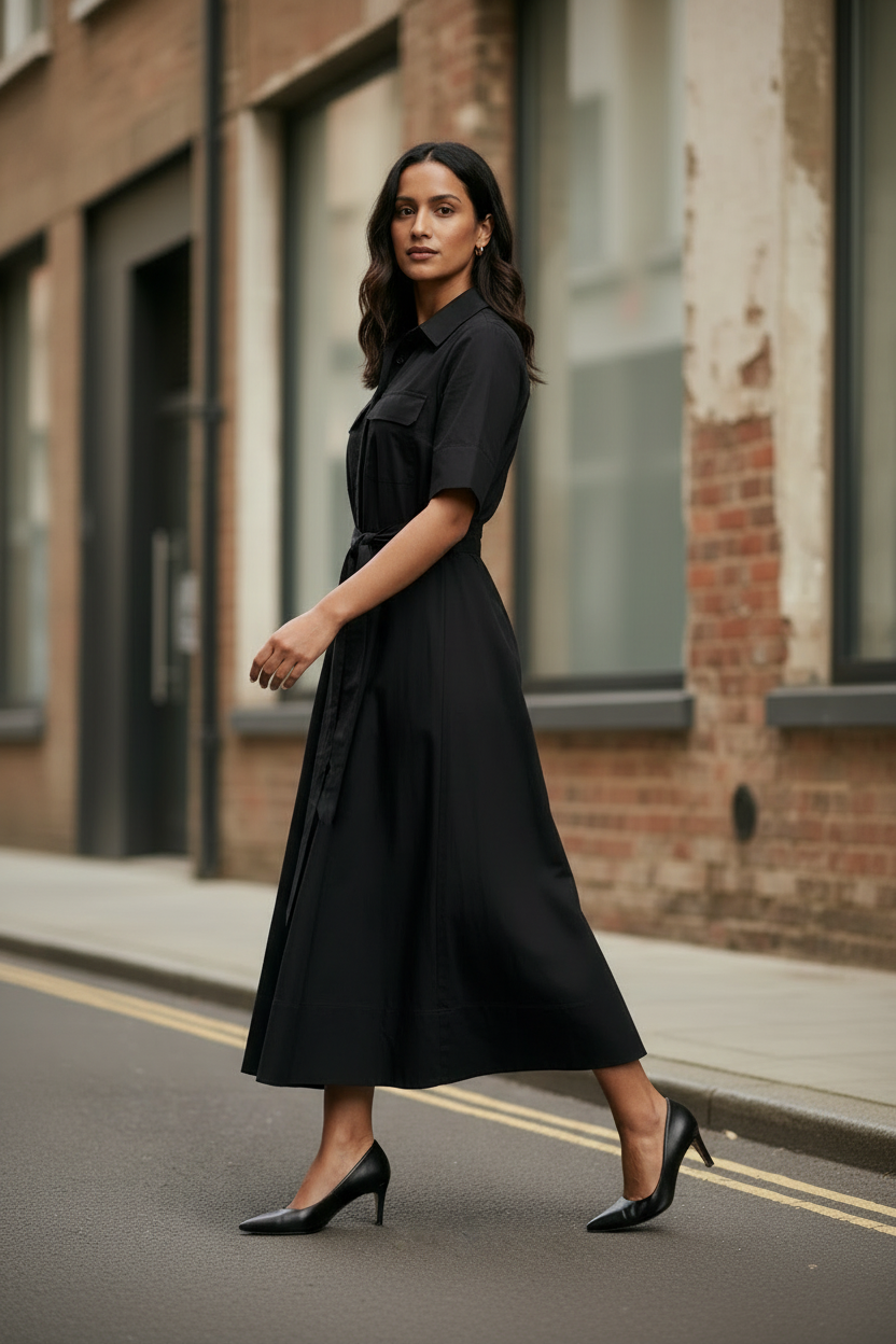 A woman stands on a city street wearing a black midi shirt dress with short sleeves, a collar, chest flap pockets, and a self-tie waist belt. She is also wearing black pointed-toe heels.