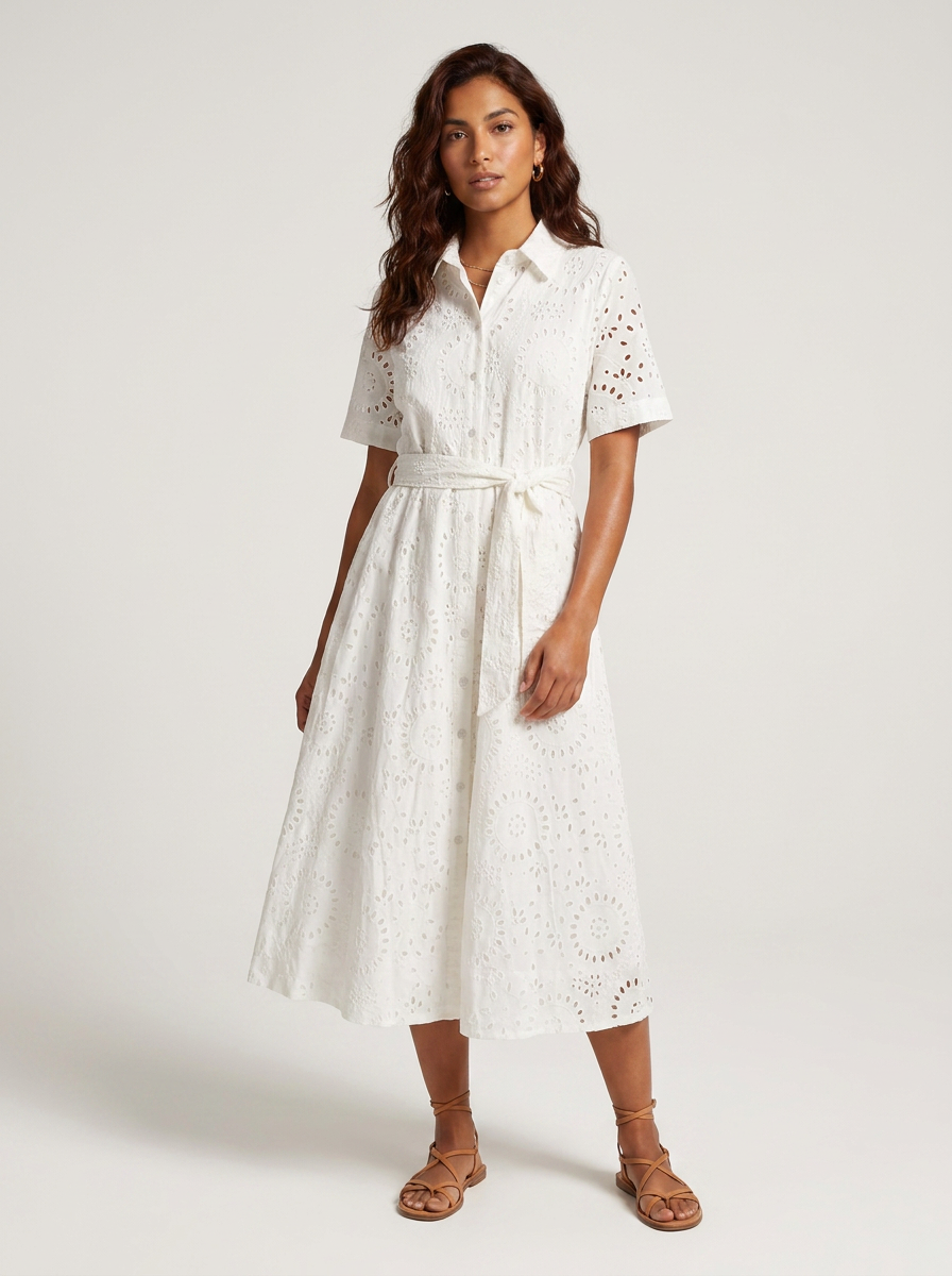 Eyelet Embroidery Cotton Shirt Dress with Belted Waist in Beige, studio shot