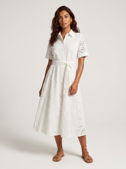 Eyelet Embroidery Cotton Shirt Dress with Belted Waist in Beige, studio shot
