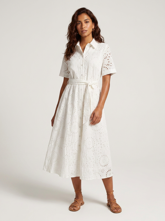 Eyelet Embroidery Cotton Shirt Dress with Belted Waist in Beige, studio shot
