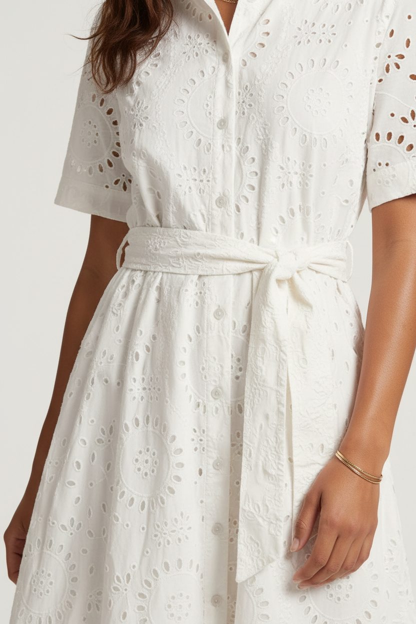 A woman modeling a white short-sleeve eyelet midi dress with a tie waist, paired with brown strappy sandals, against a light gray studio background.