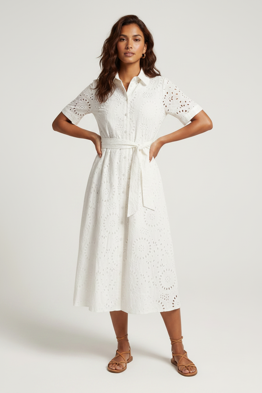 A woman modeling a white short-sleeve eyelet midi dress with a tie waist, paired with brown strappy sandals, against a light gray studio background.