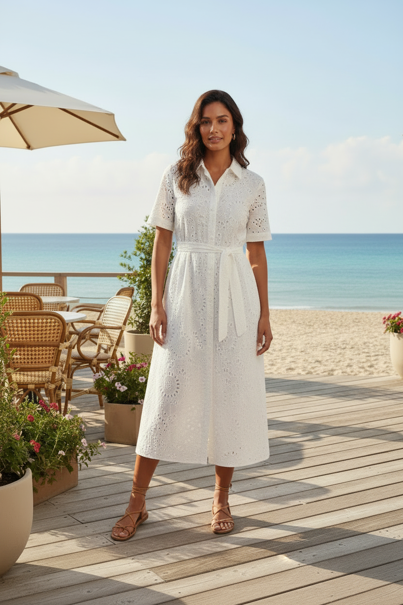 A woman stands on a wooden beachside deck wearing a white eyelet midi dress with short sleeves and tan flat sandals, with the ocean, sand, patio furniture, and umbrellas in the background.