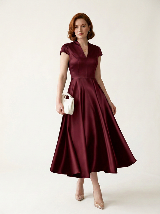 Satin V-Neck Fit and Flare Maxi Party Dress in Red