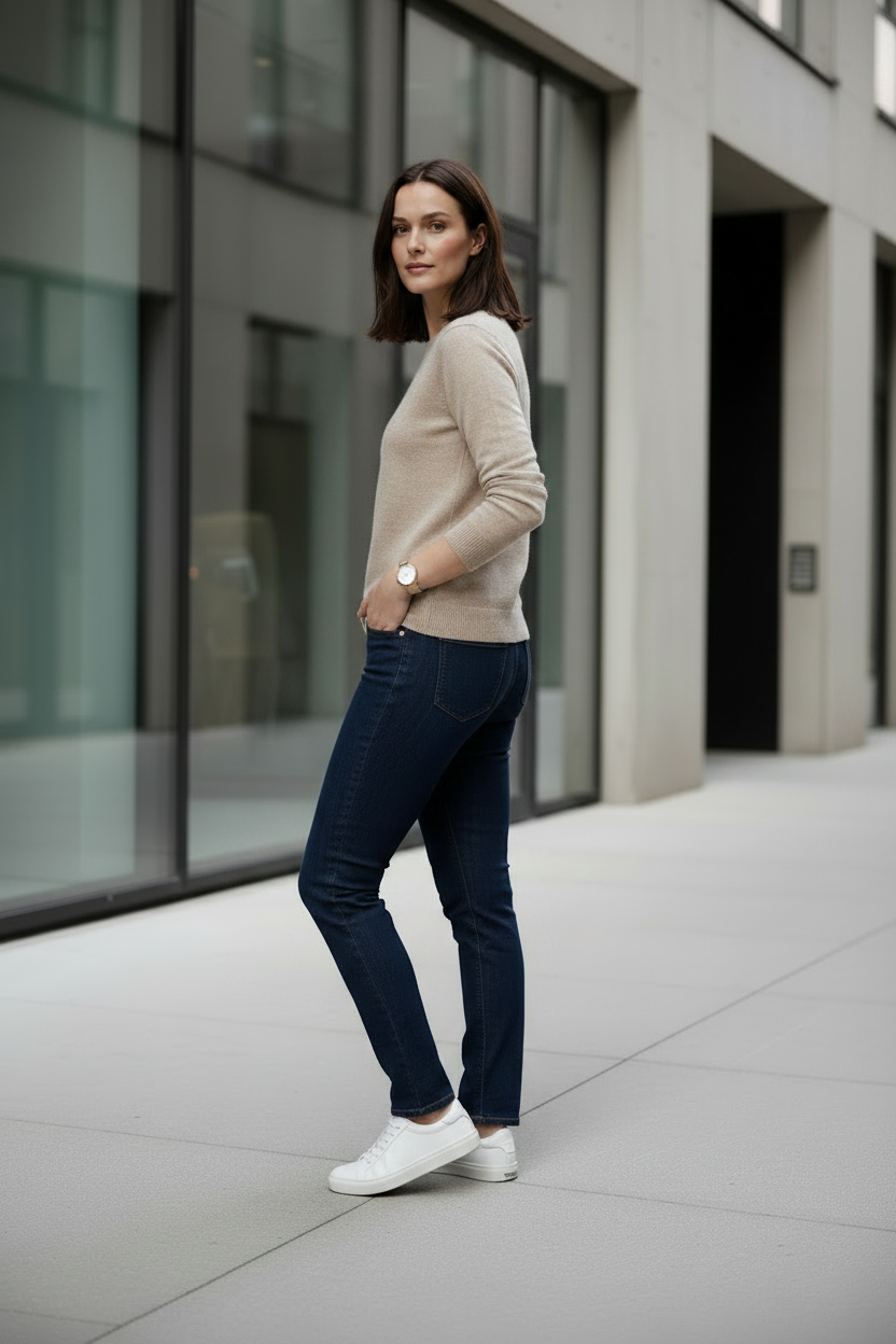 A woman stands outdoors in front of a modern glass building, wearing a beige knit sweater, dark blue jeans, and white sneakers.