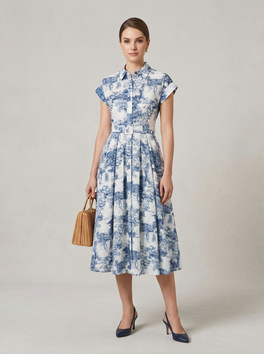 Short Sleeve Toile Print Shirt Dress with Belted Waist in Blue, front view (1 of 2)