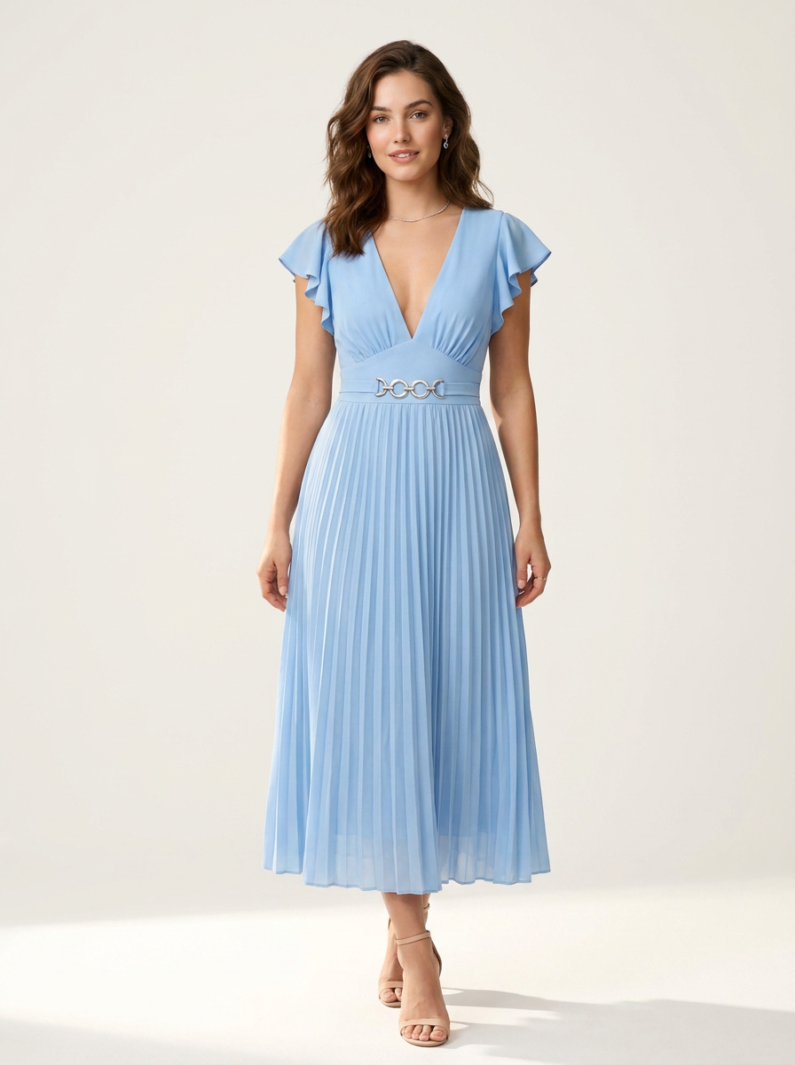 V-Neck Pleated Flutter Sleeve Midi Dress with Waist Detail in Sky Blue, front view