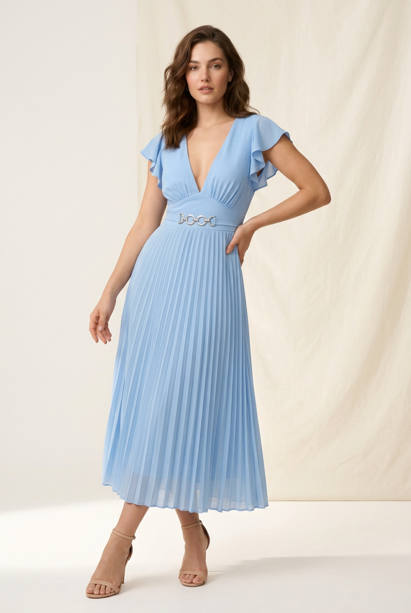 V-Neck Pleated Flutter Sleeve Midi Dress with Waist Detail