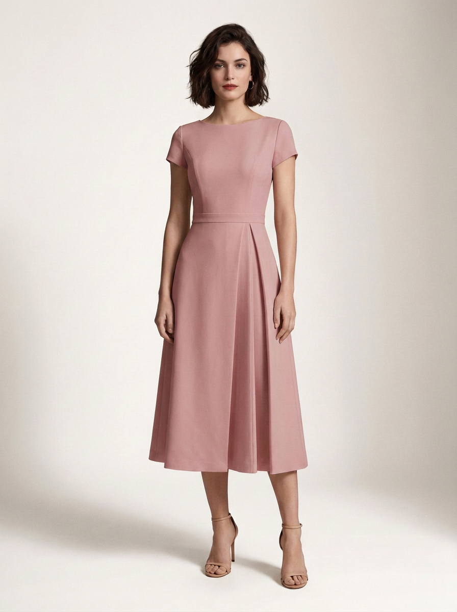 Short Sleeve High Waist Pleated Midi Dress for Formal Events in Pink