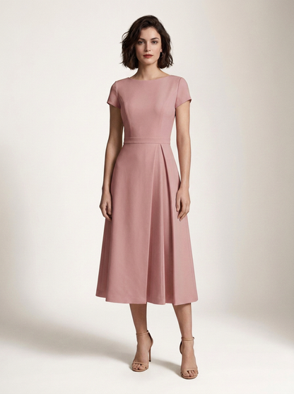 Short Sleeve High Waist Pleated Midi Dress for Formal Events in Pink