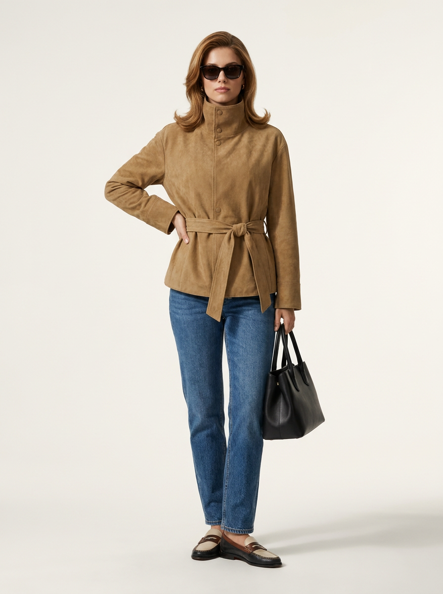 A woman models a tan suede belted jacket with blue jeans and a black handbag against a plain light background.