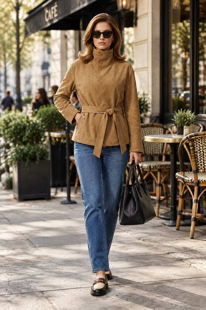 A woman walking on a city sidewalk wearing a tan suede belted jacket, blue jeans, and brown loafers, carrying a black tote bag. Cafe seating is visible in the background.