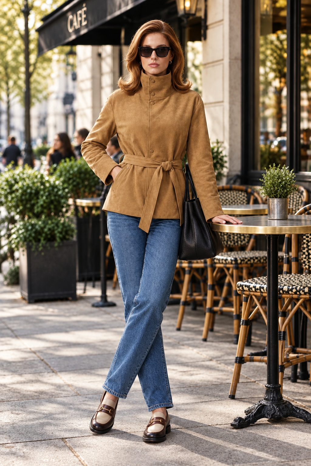 A woman stands on a city sidewalk in front of a cafe, wearing a tan suede belted wrap jacket, blue jeans, brown loafers, and carrying a black shoulder bag.