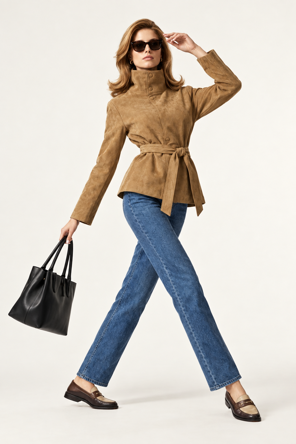 A woman models a tan faux-suede belted turtleneck jacket, paired with blue jeans, brown loafers, and a black tote bag, against a plain off-white studio background.