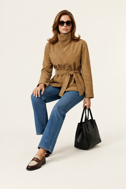 A woman models a tan suede belted wrap jacket with blue jeans, brown loafers, and a black tote bag against a light beige studio background.