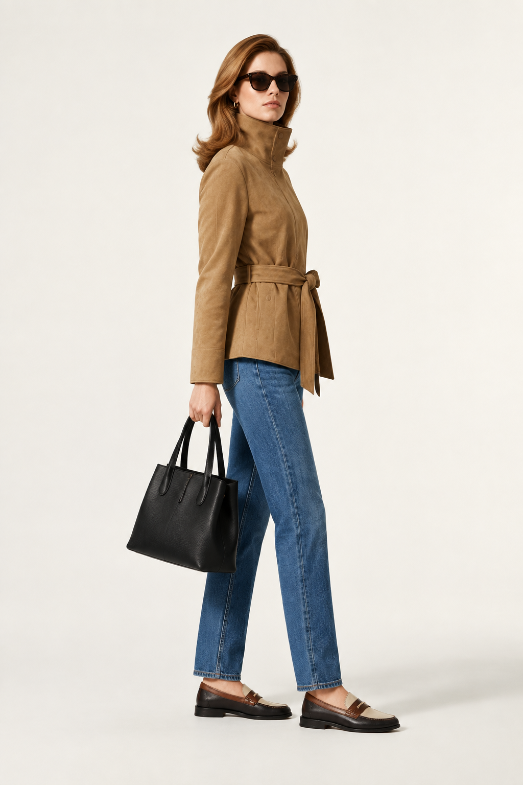 A woman modeling a tan suede belted turtleneck coat, blue jeans, brown loafers, and carrying a black leather tote bag against a plain off-white studio background.
