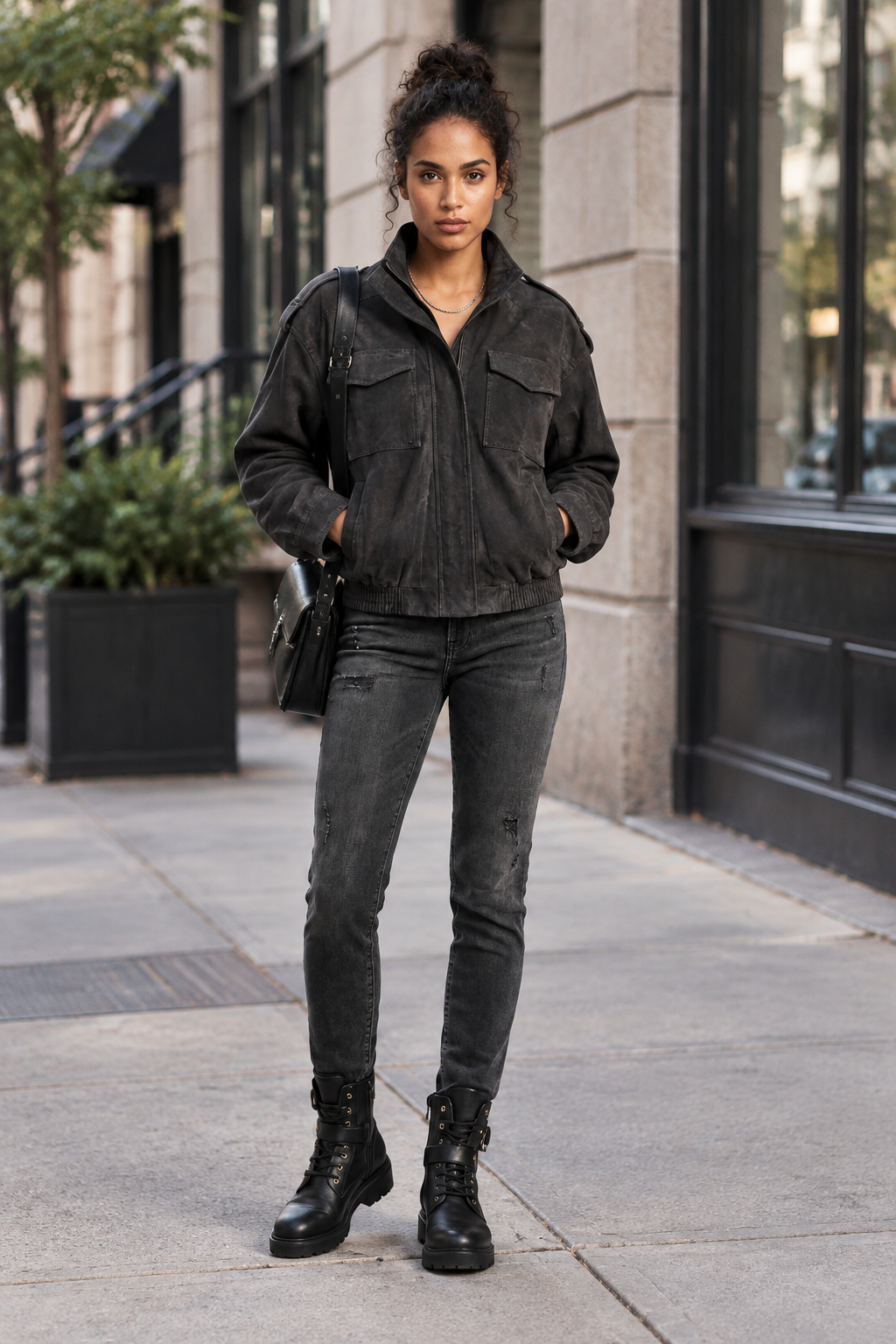 A woman stands on a city sidewalk wearing a dark washed moto jacket, dark gray skinny jeans, black combat boots, and carrying a black shoulder bag.