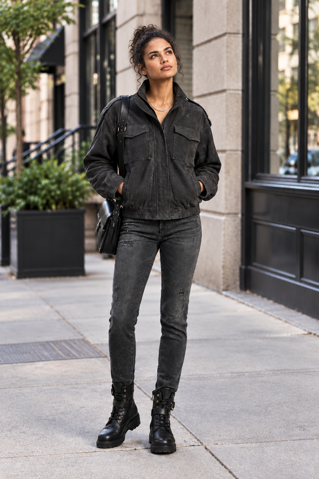 A woman stands on a city sidewalk wearing a black distressed jacket, dark gray skinny jeans, black combat boots, and carrying a black shoulder bag.