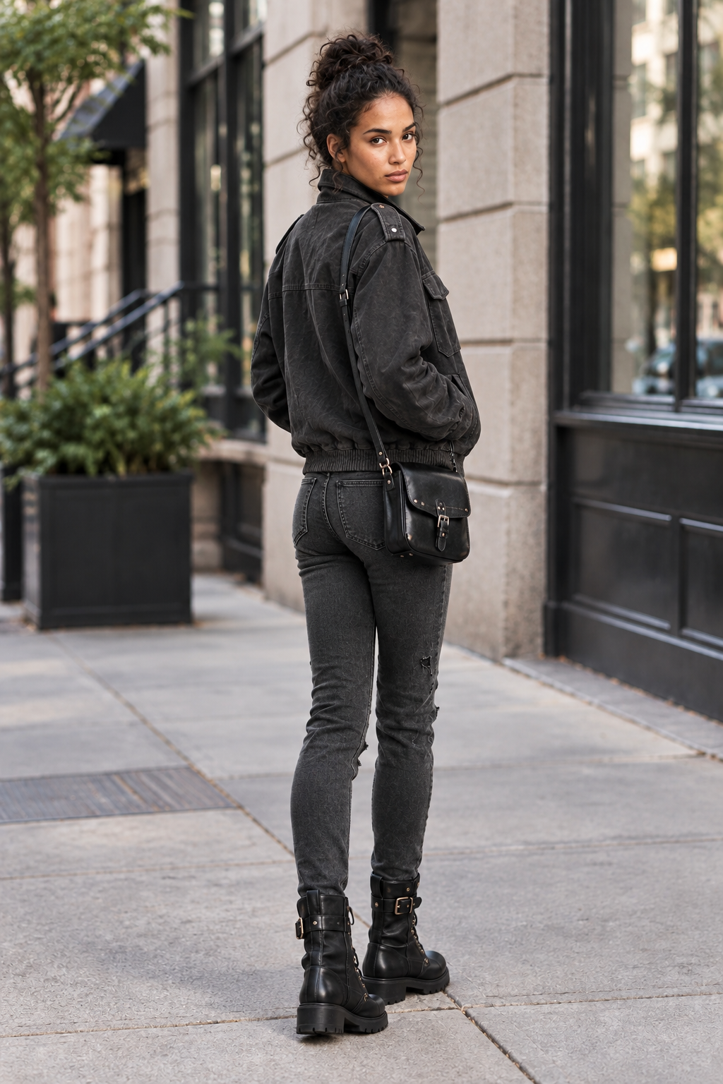 A woman stands on a city sidewalk wearing a dark washed denim jacket, dark gray skinny jeans, black combat boots, and a black crossbody bag.