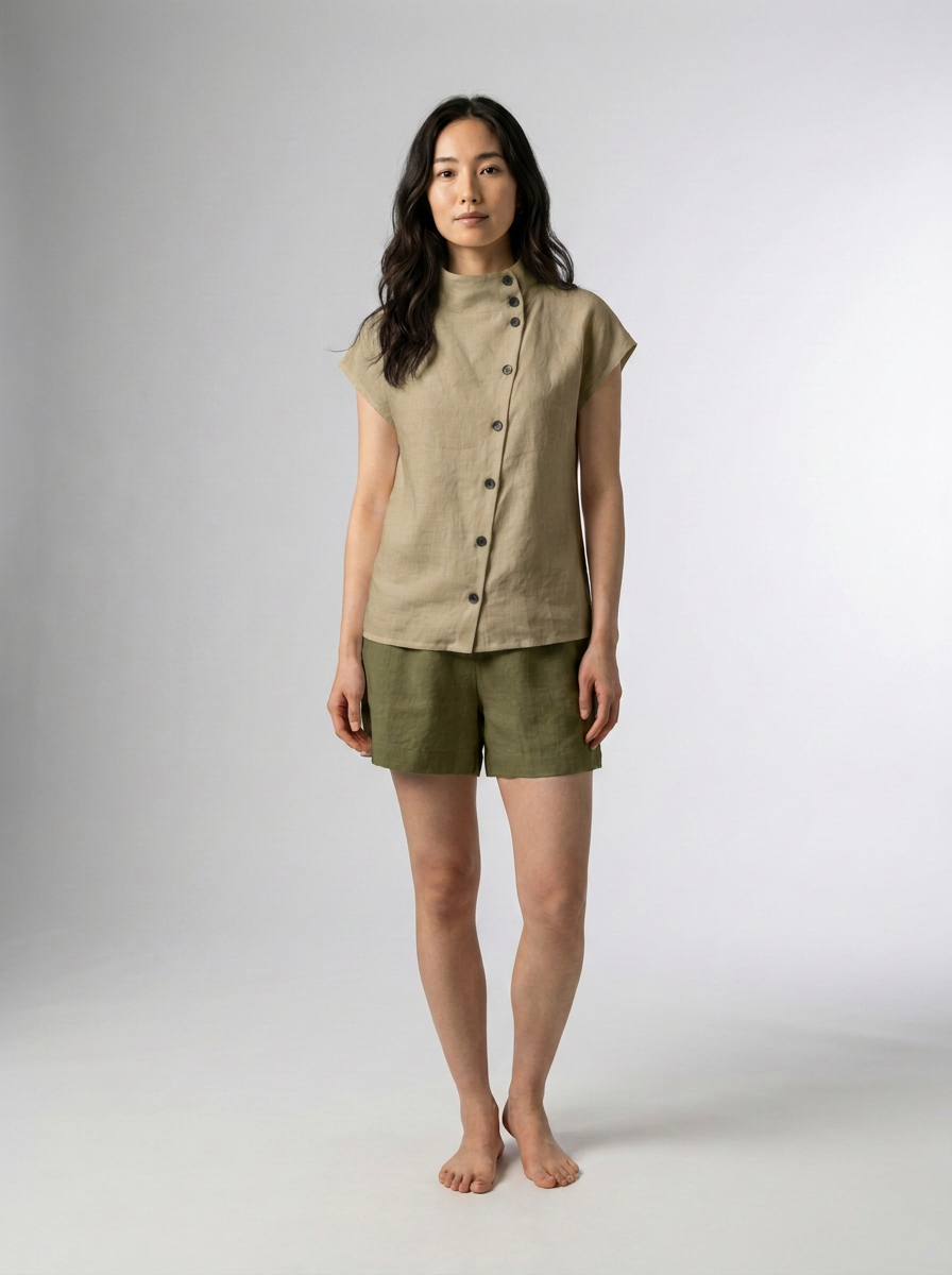 Relaxed Cotton Linen Stand Collar Blouse with Asymmetric Button Detail in Dark Khaki
