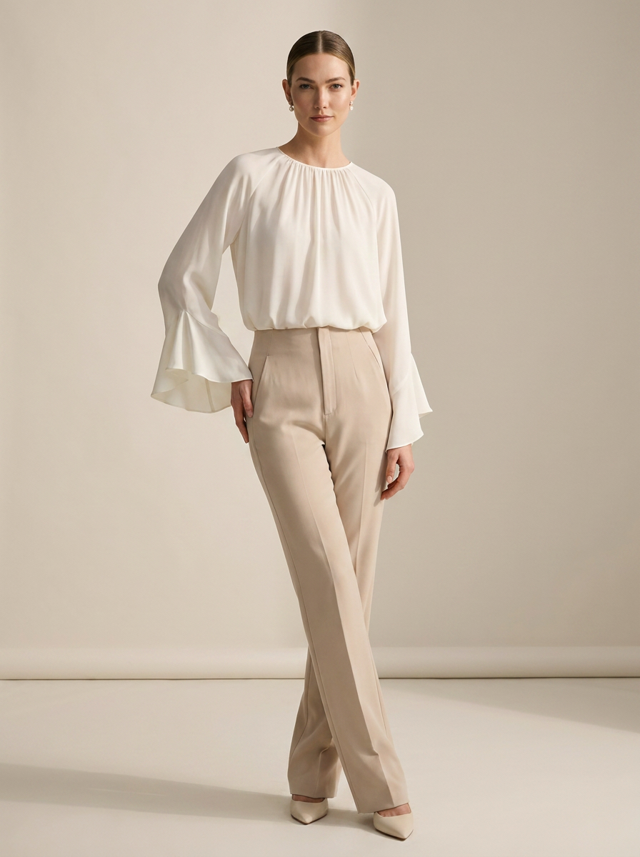 A woman modeling a white long-sleeve blouse with dramatic flared bell sleeves and beige high-waisted trousers, standing against a warm beige studio backdrop.