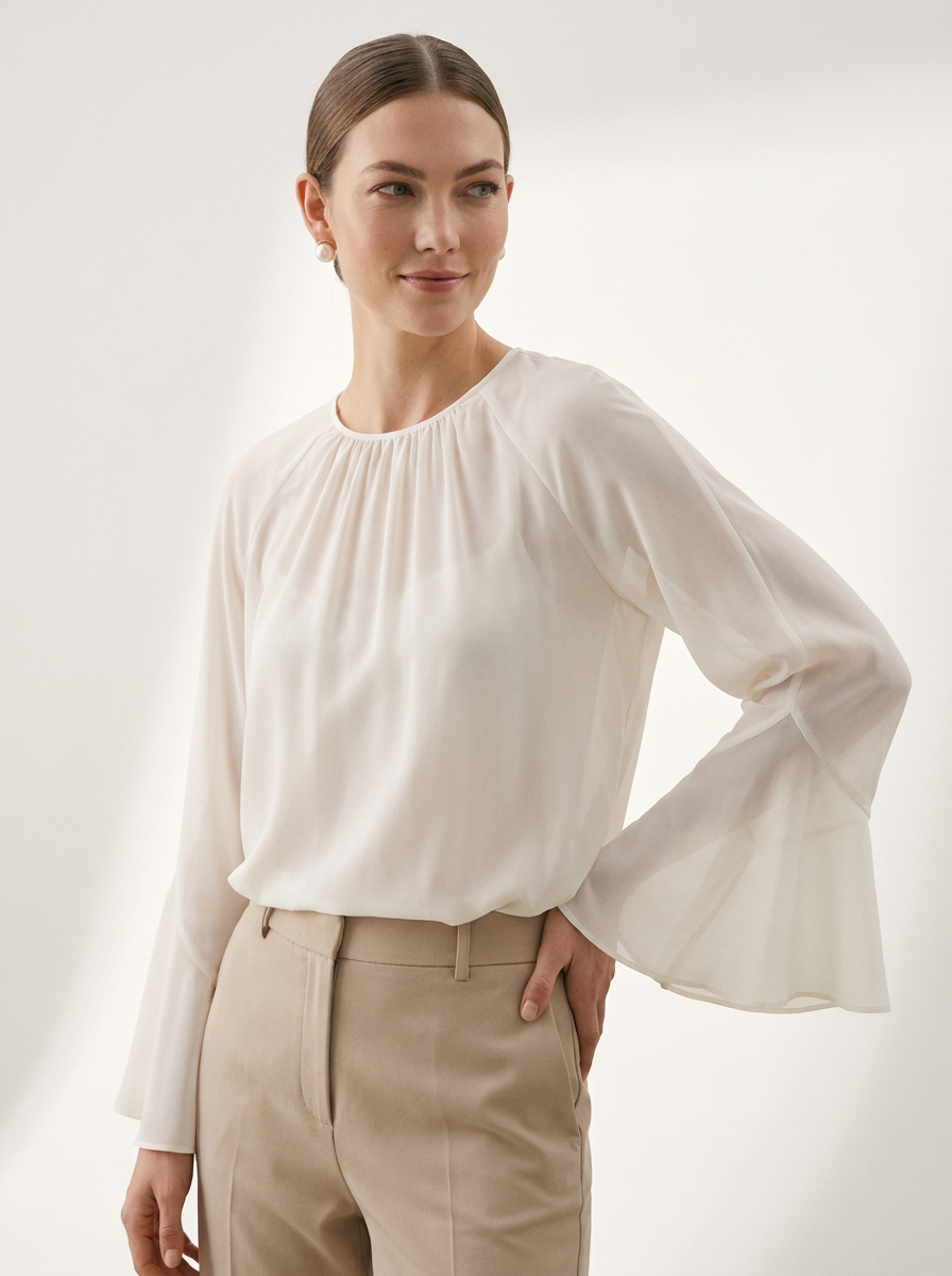 A woman modeling a long-sleeve cream blouse with a gathered round neckline and flared bell sleeves, paired with beige trousers, against a clean off-white studio background.