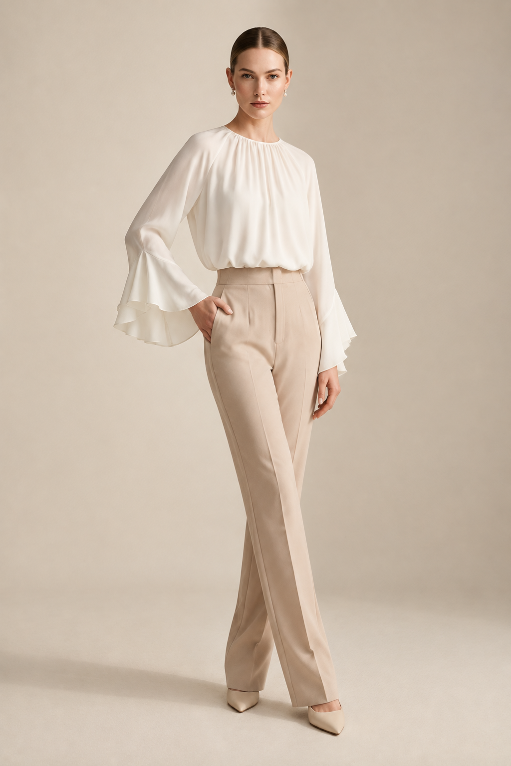 A woman modeling a white long-sleeve blouse with dramatic flared bell sleeves and beige high-waisted trousers, standing against a warm beige studio backdrop.