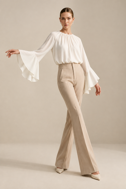 A woman modeling a white long-sleeve blouse with dramatic flared bell sleeves and beige high-waisted trousers, standing against a warm beige studio backdrop.