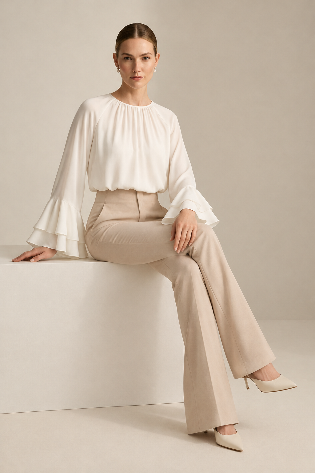 A woman modeling a white long-sleeve blouse with dramatic flared bell sleeves and beige high-waisted trousers, standing against a warm beige studio backdrop.