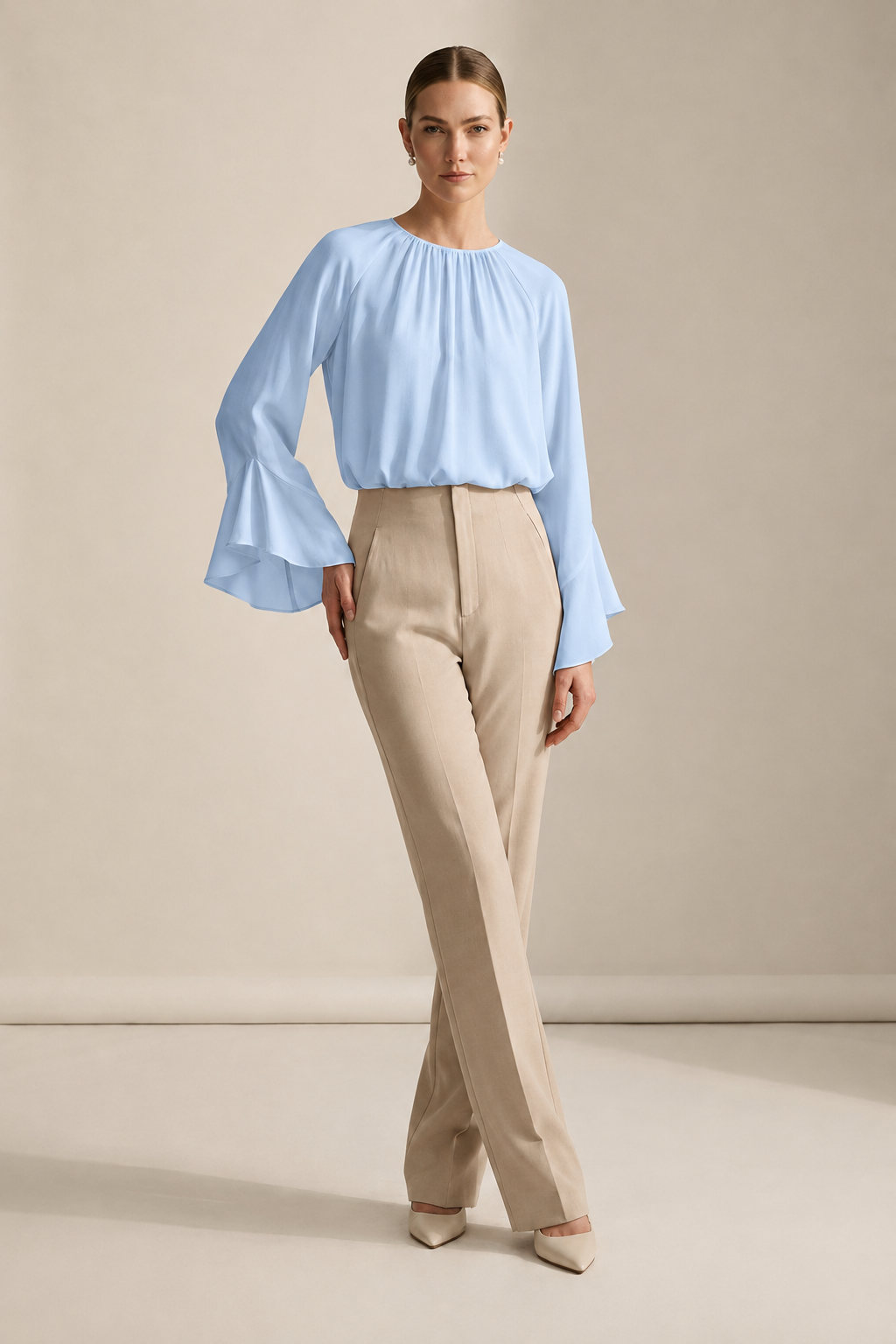 Flare Sleeve Chiffon Blouse with Raglan Seams and Back Detail in Light Blue, studio shot