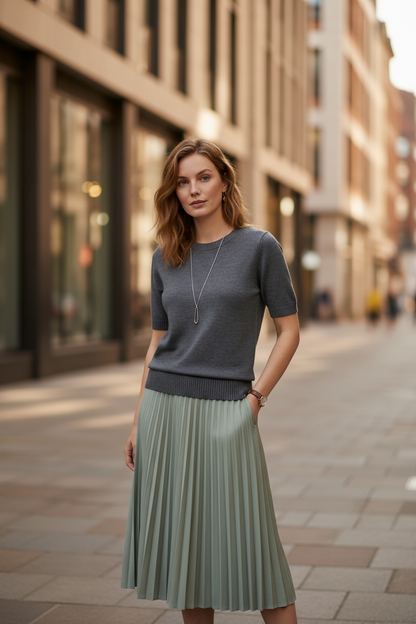 A woman stands against a plain beige studio background wearing a short-sleeve gray knit sweater and a pleated sage green midi skirt. She is also wearing a long silver pendant necklace and a watch.