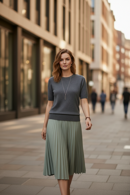 A woman stands on a city street wearing a short-sleeve gray knit top and a pleated sage green midi skirt. The background shows a softly blurred urban street scene with buildings and pavement.