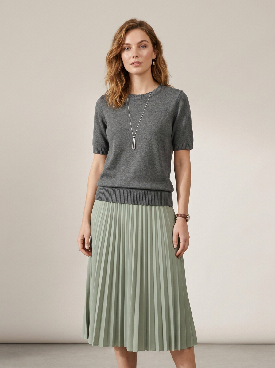A woman stands against a plain beige studio background wearing a short-sleeve gray knit sweater and a pleated sage green midi skirt. She is also wearing a long silver pendant necklace and a watch.