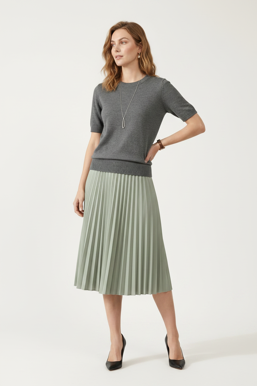 A woman stands against a plain beige studio background wearing a short-sleeve gray knit sweater and a pleated sage green midi skirt. She is also wearing a long silver pendant necklace and a watch.