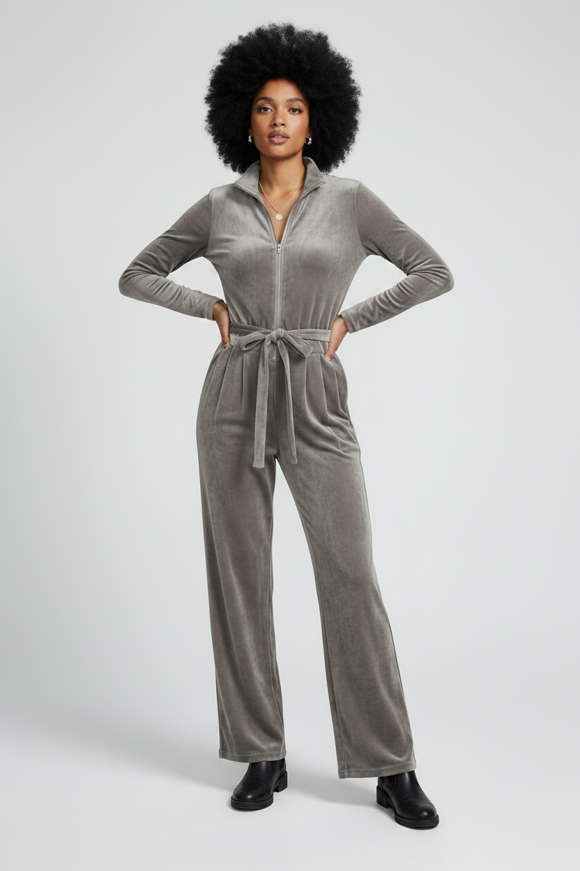 A model with an afro hairstyle wearing a gray velvet long-sleeve jumpsuit with a tie waist, black boots, and carrying a black crossbody bag against a light gray studio background.