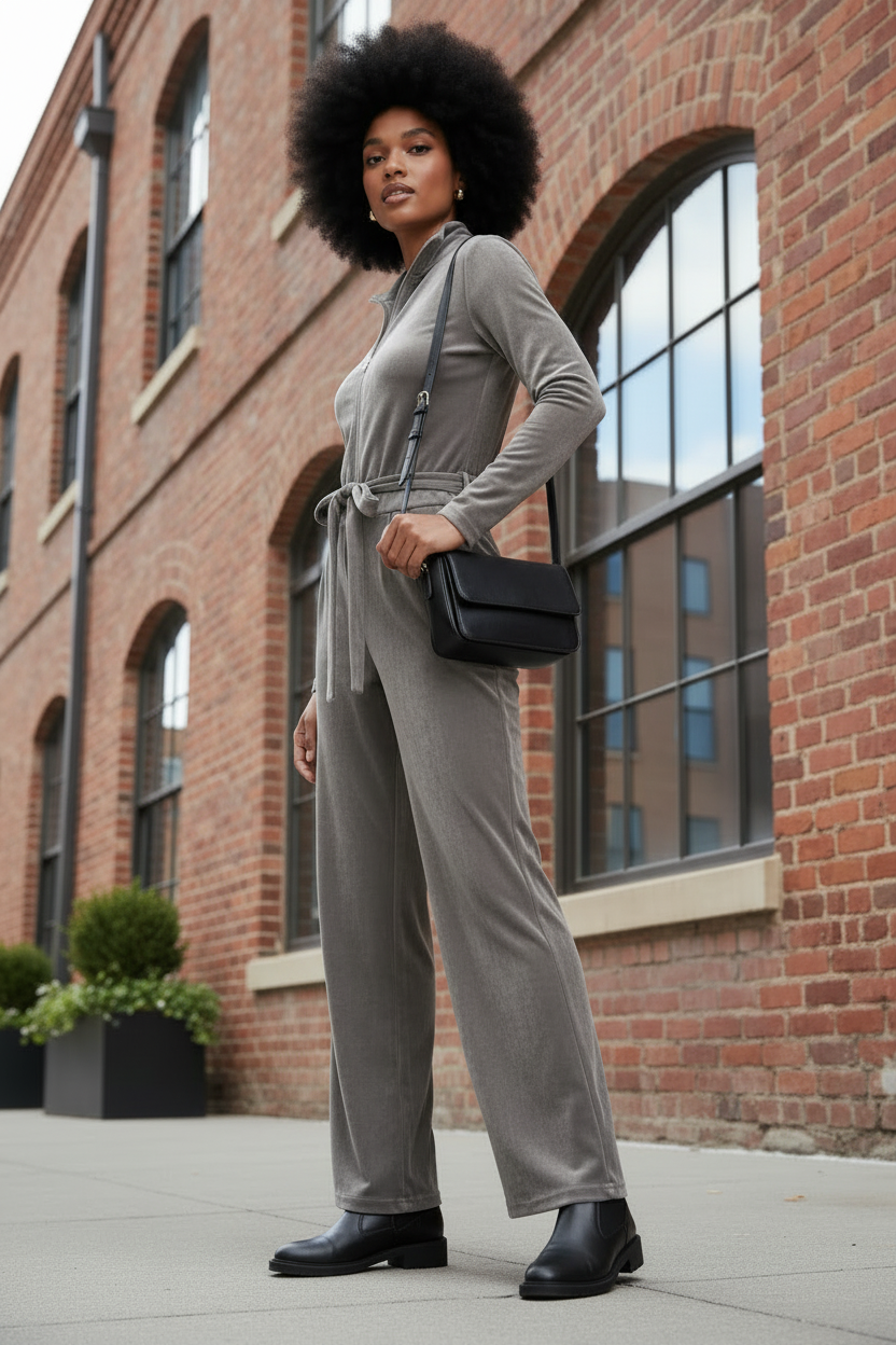 A woman with an afro stands on a city sidewalk wearing a gray long-sleeve velvet jumpsuit with a tie waist, black ankle boots, and carrying a black crossbody bag, in front of a brick building with large arched windows.