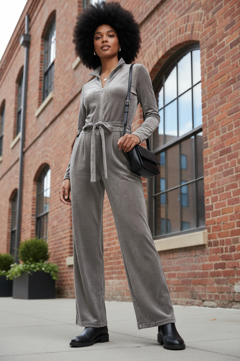 A model with a large black afro wears a gray velvet long-sleeve jumpsuit with a tie waist, paired with black boots and carrying a small black shoulder bag, against a light gray studio background.