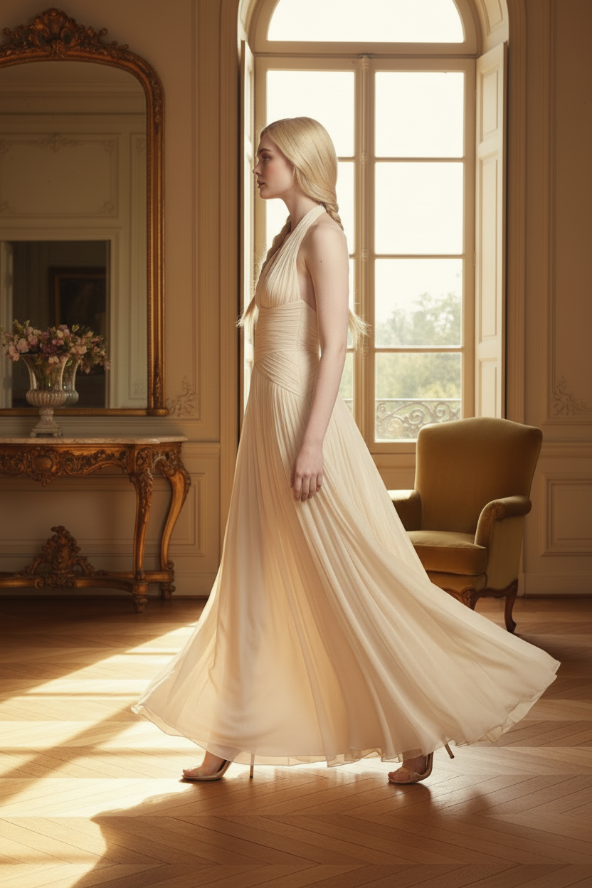 A woman stands in a sunlit classical room wearing a floor-length cream gown with a halter neckline and gathered waist. The room has warm wood floors, a large mirror, a gold-framed window, and a yellow upholstered armchair.