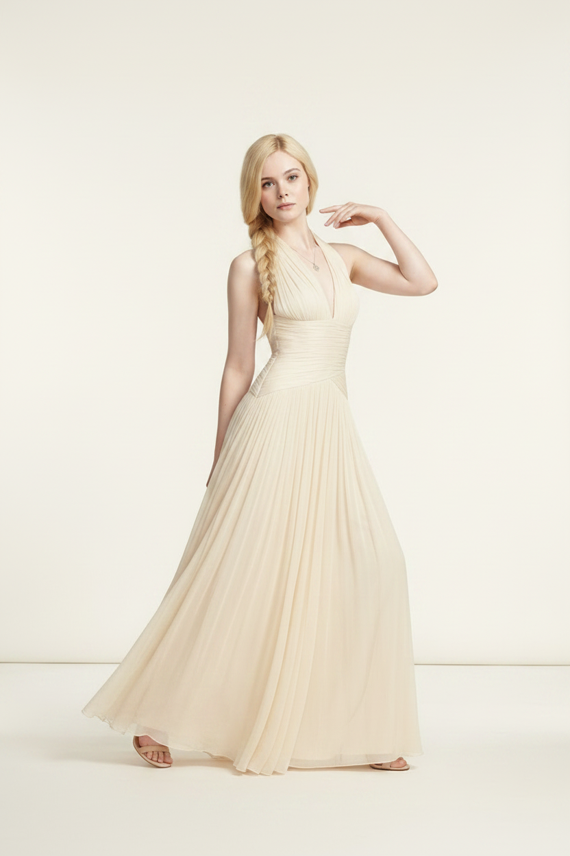 A blonde model wearing a floor-length cream halter gown with a ruched bodice and flowing tulle skirt, standing against a plain cream studio background.